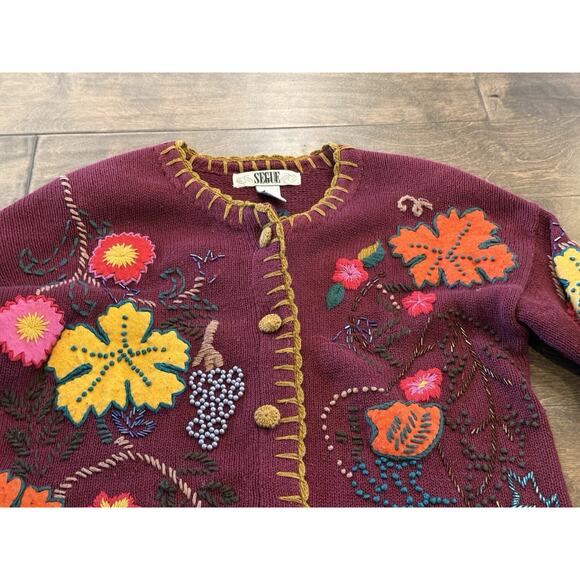 Vtg 80s Segue Womens Maroon Floral Embroidery Button Up Sweater Size M Medium - Picture 4 of 8